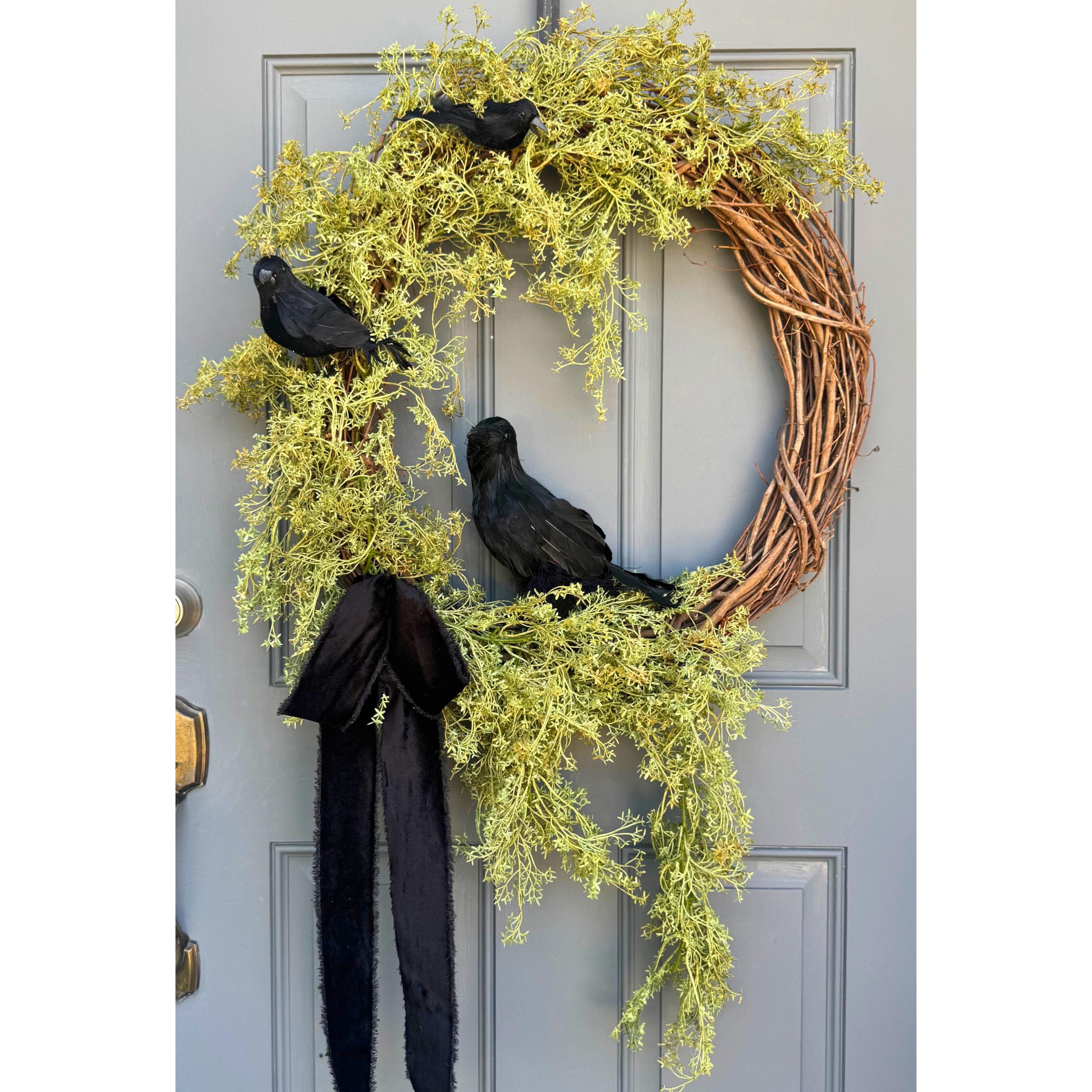 Gothic Halloween Wreath: Black Crows & Velvet Bow, Creepy Front Door Decor