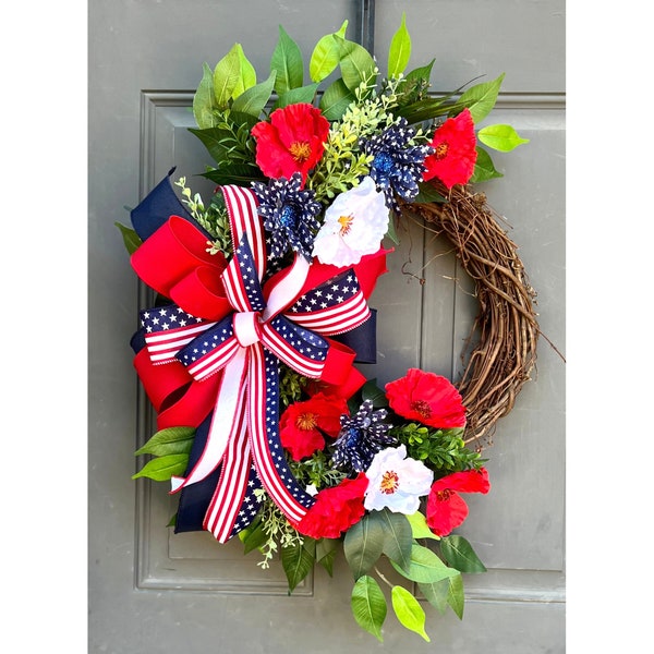 Patriotic Floral Wreath for Front Door, Stars and Stripes Peony and Daisy Vine Wreath, Red White and Blue USA Summer Floral Wreath