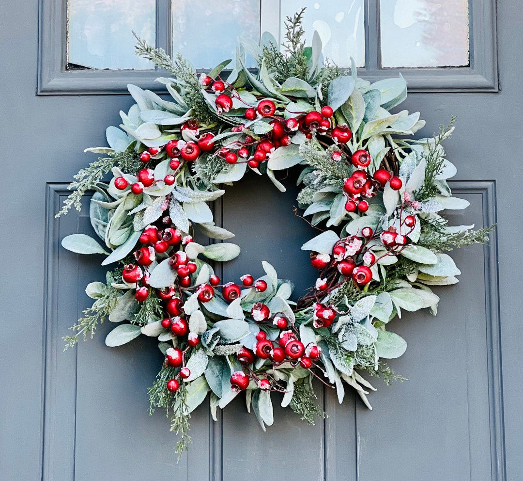 Christmas Red Berry Wreath for Front Door With Lambs Ear, Holiday ...
