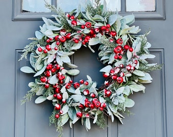 Farmhouse Red Berry Lambs Ear Winter Wreath for Front Door, Lambs Ear Holiday Greenery Christmas Crab Apple Snowy Wreath Porch Balcony Decor