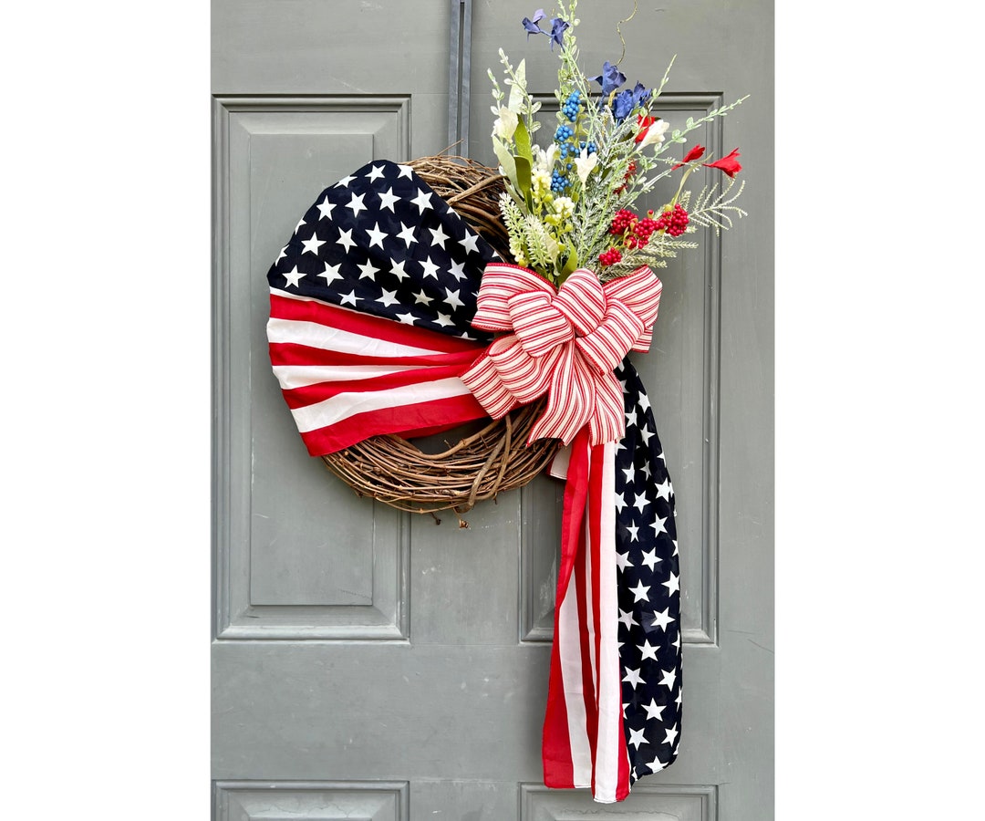 Patriotic American Flag Scarf Floral Wreath for Front Door, Americana ...