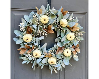 Neutral Fall Lamb's Ear White Pumpkin Wreath for Front Door with Cream Berries, Neutral Autumn Pumpkin Greenery Wreath