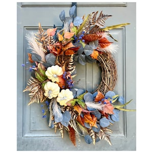 Boho White Pumpkin Pampas Grass Fall Wreath for Front Door, Autumn Boho Wreath with Blue Eucalyptus