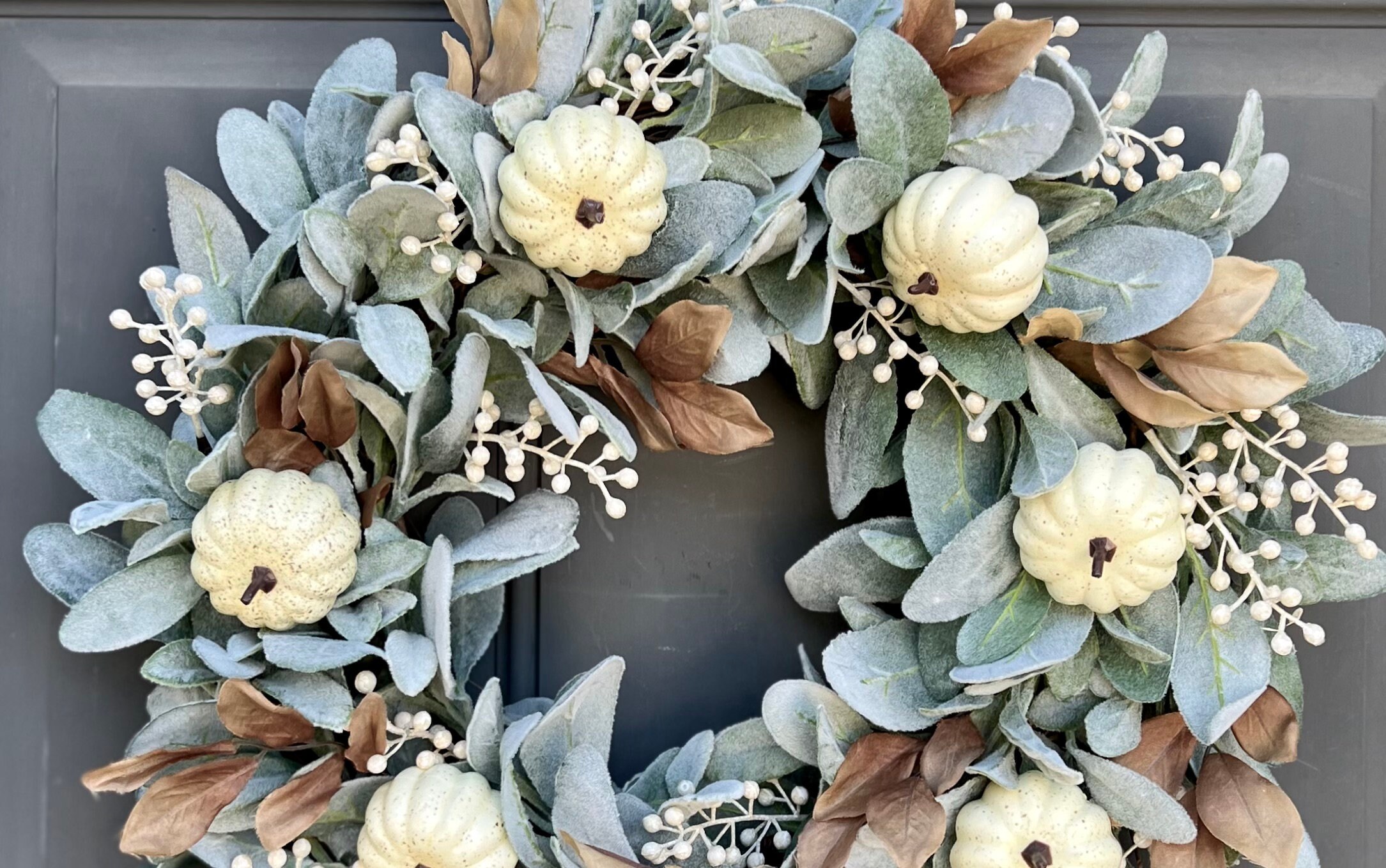 Neutral Fall Lamb's Ear White Pumpkin Wreath for Front Door With Cream ...