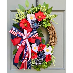 Patriotic Floral Wreath: Stars and Stripes, Red White Blue, Summer Door Decor