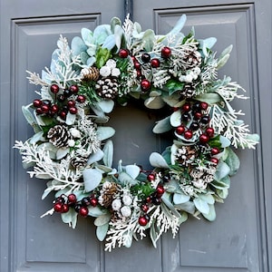 Winter Lamb's Ear Wreath: Snowy Pinecones and Red Berries