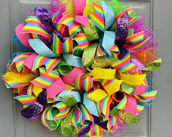 Rainbow Wreath For Front Door, PRIDE Decor for Front Porch, Colorful Summer Wreath, LGBTQ Pride Decoration, Fiesta Wreath