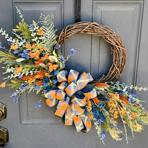 Farmhouse Summer to Fall Blue and Orange Floral Front Door Wreath, Autumn Wildflower and Grass Wreath