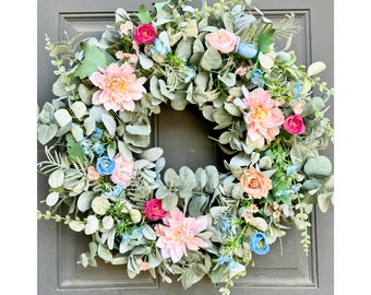 Spring Floral Front Door Wreath, Mother's Day Gift, Baby Girl Wreath for Baby Shower Decoration, Baby Girl Room Wall Decor