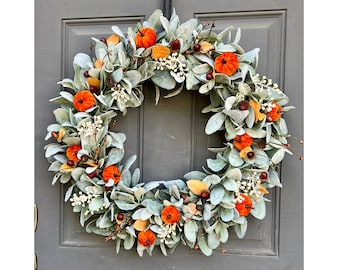 Fall Farmhouse Wreath: Velvet Pumpkins, Lambs Ear & Acorns