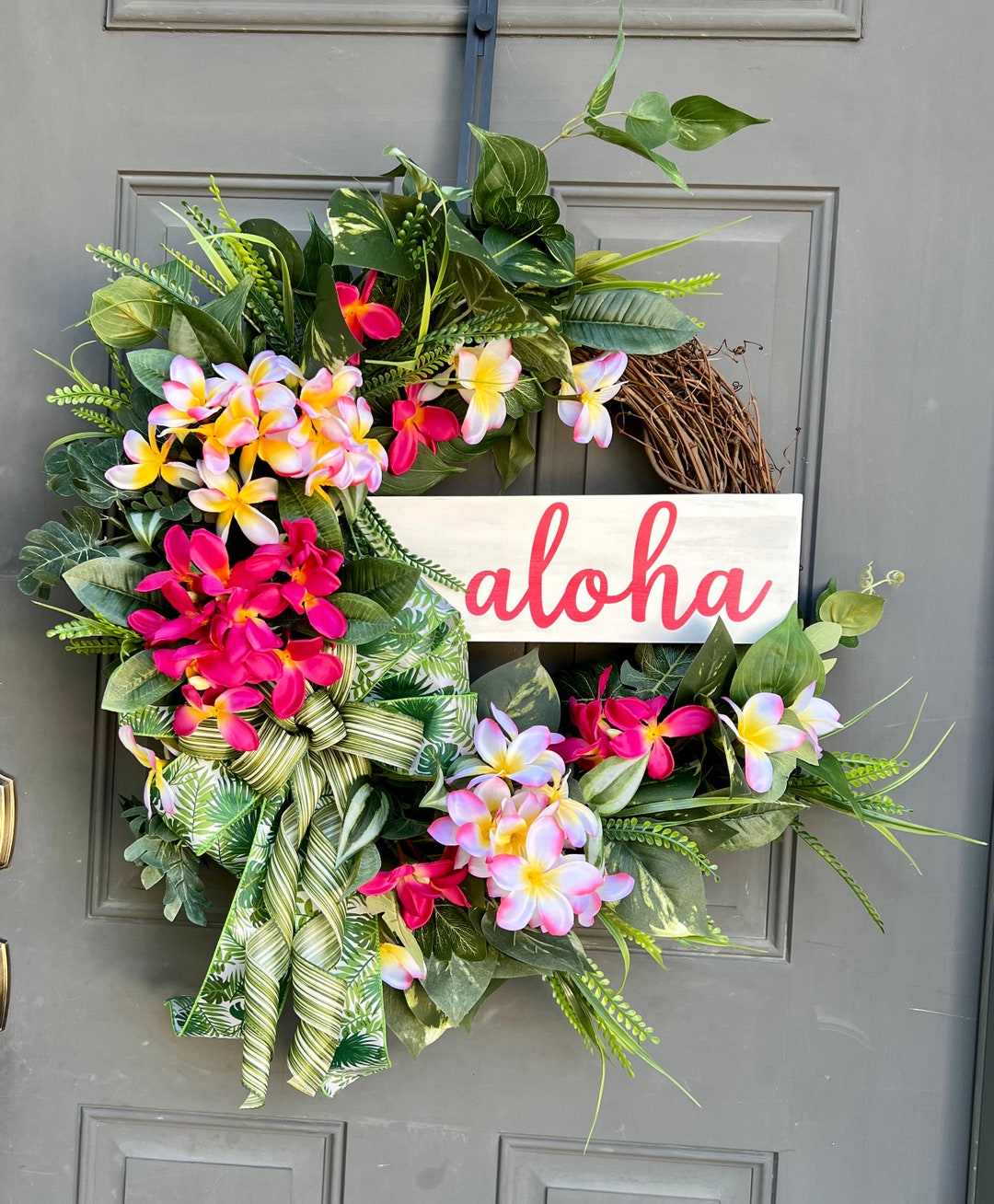 Aloha Wreath for Front Door, Hawaiian Floral Everyday Greenery