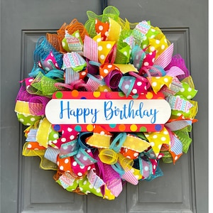 Birthday Wreath for Front Door, Birthday Party Decoration with Polka Dots and Stripes in Bright Colors Pink Yellow Blue and Green