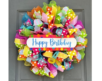 Birthday Wreath for Front Door, Birthday Party Decoration with Polka Dots and Stripes in Bright Colors Pink Yellow Blue and Green