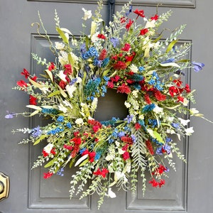 Patriotic Wildflower Full Floral Wreath for Front Door, Americana Red White and Blue Rustic Decor for Porch Mantel Kitchen