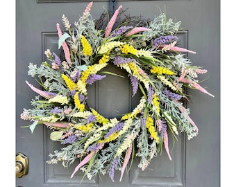 Wildflower Astilbe Wreath for Front Door, Mother's Day Gift, Country Cottage Farmhouse Gift for Her, Rustic French Kitchen Decor
