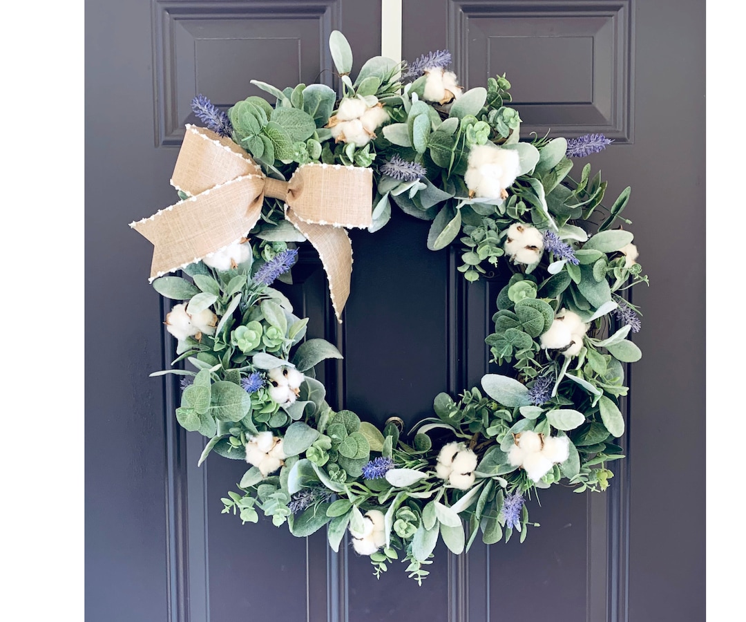 Farmhouse Lambs Ear Wreath With Lavender and Cotton Bolls, Year Round ...
