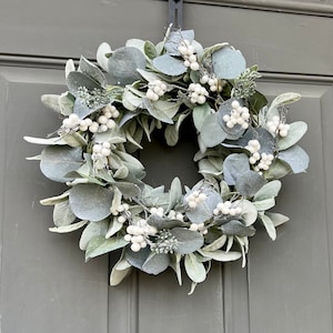 Farmhouse Lambs Ear Eucalyptus Berry Winter Wreath for Front Door, Lambs Ear White Berry and Glittered Eucalyptus Door Decor, Winter Wreath