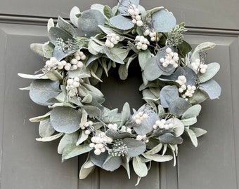 Farmhouse Lambs Ear Wreath: Glittered Eucalyptus & White Berries
