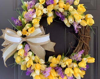 Yellow Tulip Vine Wreath with Lilac for Front Door, Everyday Tulip Wreath for porch mantel foyer back door kitchen