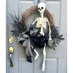 Skeleton Halloween Wreath for Front Door, Spooky Halloween Wreath with Skull Black Florals and Striped Bow, Scary Minimalist Wreath