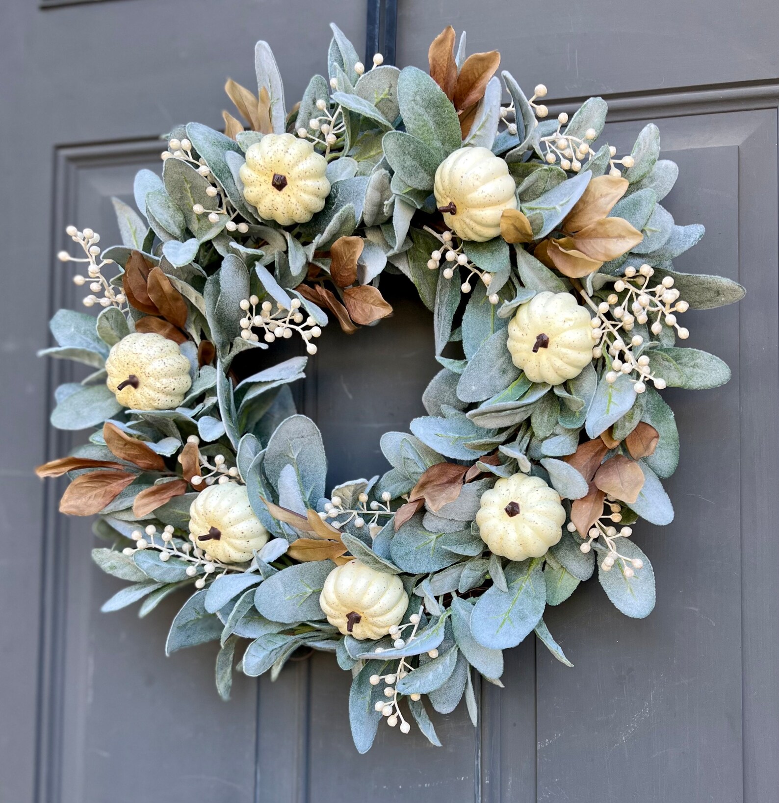 Neutral Fall Lamb's Ear White Pumpkin Wreath for Front Door With Cream ...