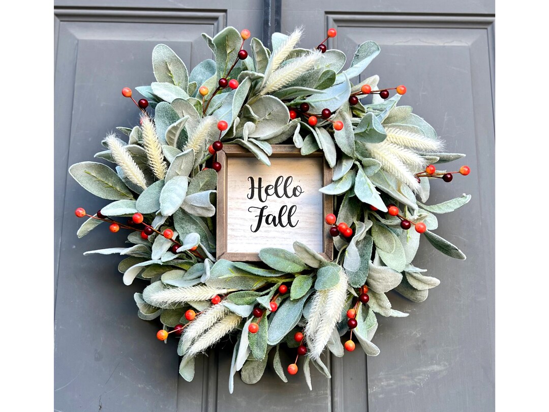 Hello Fall Farmhouse Mini Lamb's Ear Wreath With Bunny Tails and ...