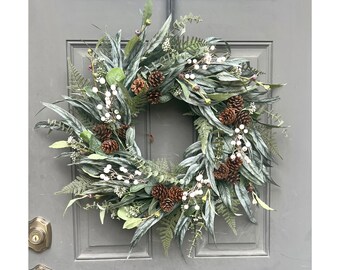 Winter Eucalyptus Berry and Pine Cone Wreath for Front Door, Neutral Greenery Wreath for Outdoors