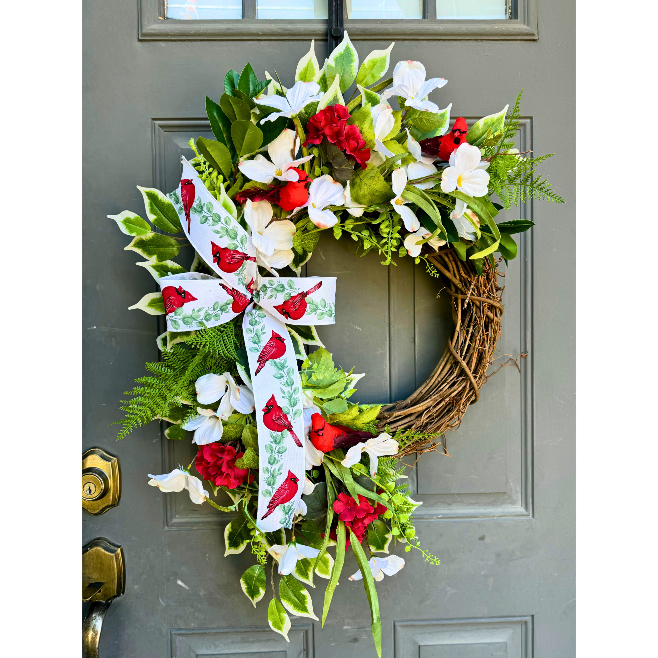 Cardinal Floral Wreath: Dogwood, Geraniums, Red Bird Decor - Etsy