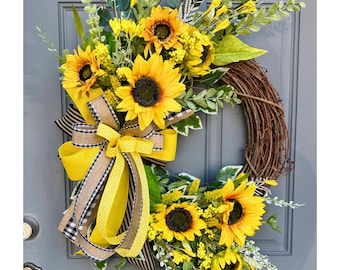Sunflower Buffalo Check Eucalyptus Wreath for Front Door, Farmhouse Everyday Summer Yellow Sunflower Vine Wreath