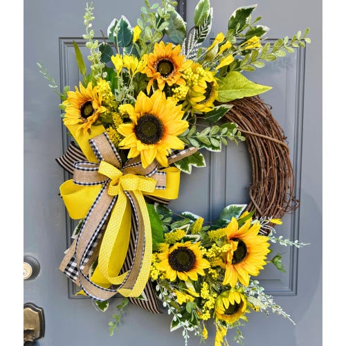 Sunflower Buffalo Check Eucalyptus Wreath for Front Door, Farmhouse Everyday Summer Yellow Sunflower Vine Wreath