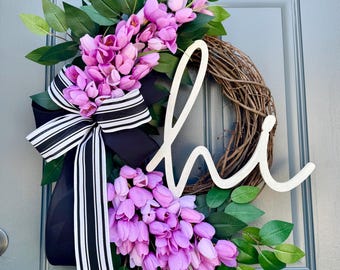 Tulip Front Door Wreath: Hi Spring Greenery Wreath with Farmhouse Stripe Bow