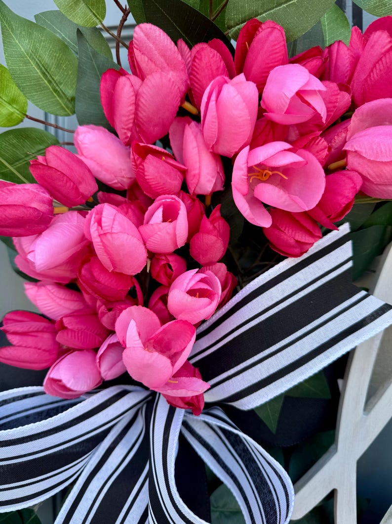 Pink Tulip Wreath: Spring Easter Door Decor With Farmhouse Bow - Etsy