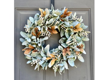 Fall Lamb's Ear Wreath: Cream Berries, Rustic Thanksgiving Door Decor