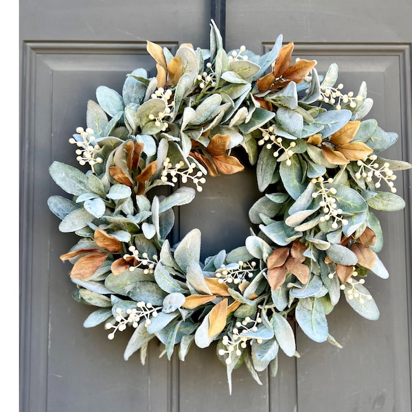 Fall Lamb's Ear with Cream Berries Farmhouse Front Door Wreath, Lambs Ear and Leaves Autumn Wreath