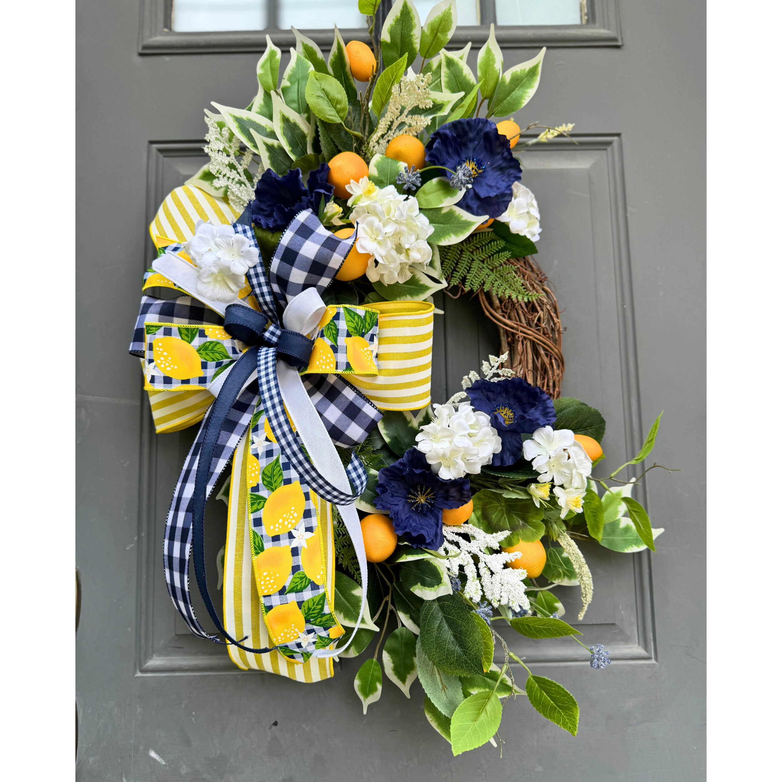 Lemon Peony Wreath: Navy Gingham Bow, Summer Front Door Decor - Etsy
