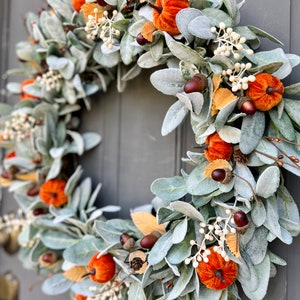 Fall Farmhouse Lambs Ear Pumpkin and Acorn Wreath for Front Door ...
