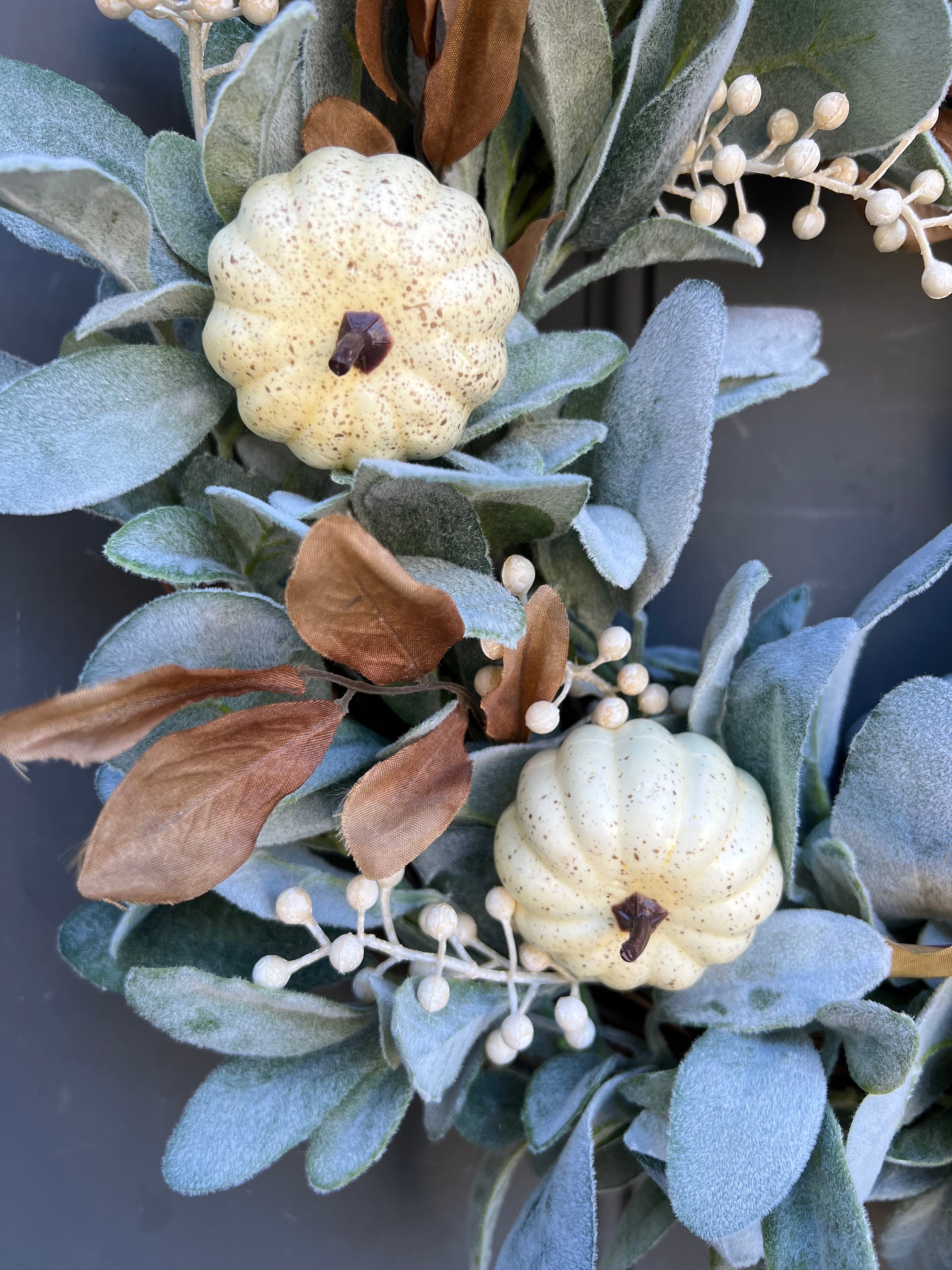 Neutral Fall Lamb's Ear White Pumpkin Wreath for Front Door With Cream ...