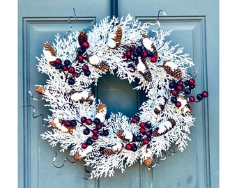 Winter Snowy Cedar and Berry Front Door Wreath, Christmas Cedar and Pinecones Holiday Wreath