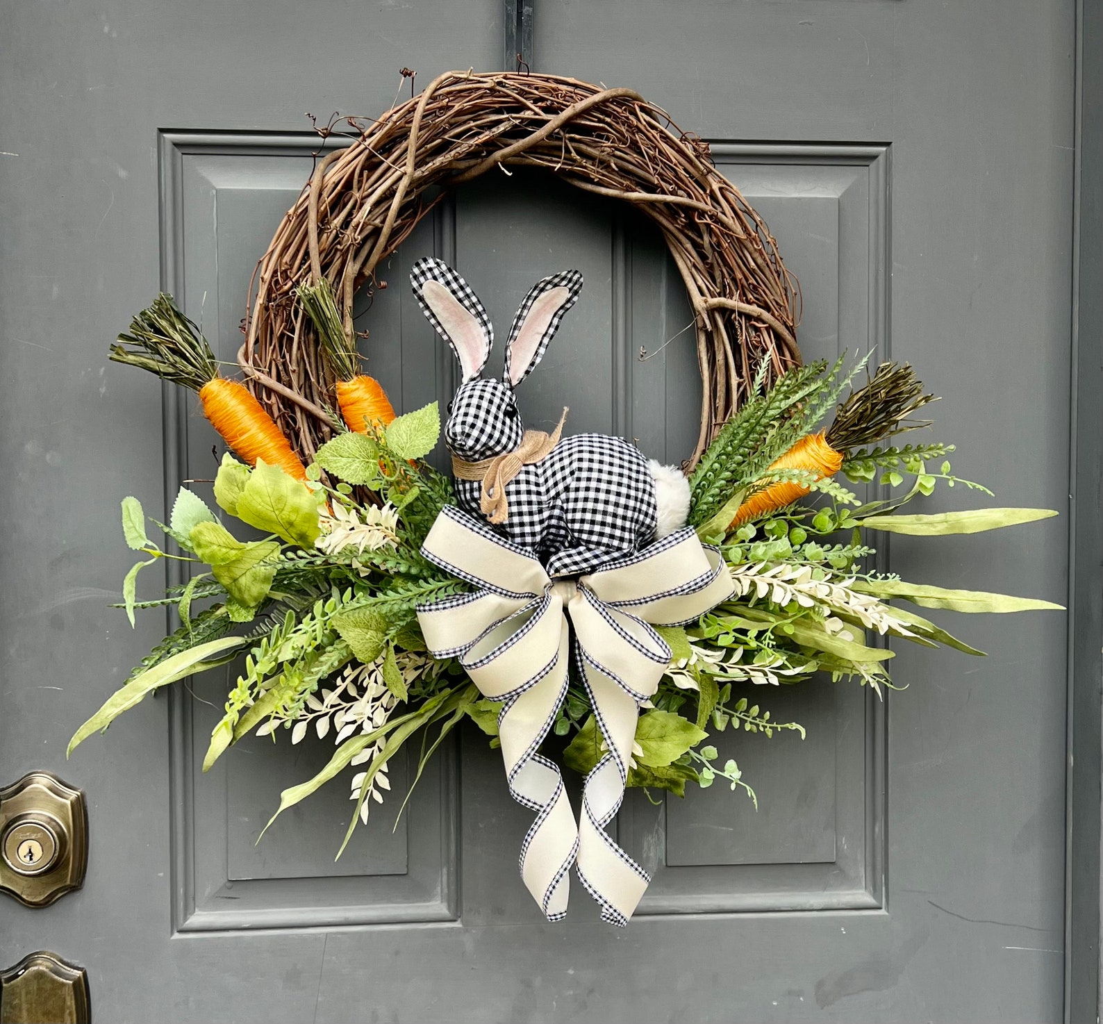 Gingham Bunny with Carrots Easter Wreath for Front Door