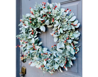 Fall Farmhouse Lamb's Ear Wreath: Orange Berries Autumn Decor