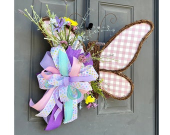 Butterfly Door Hanger with Pastel Bow and Wildflowers for Front Door, Pink Buffalo Check Summer Butterfly Garden Decor