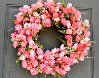 Spring Tulip Wreath For Front Door, Pink Tulip Wreath, Farmhouse Spring Floral Decor, Mother's Day Gift, Bridesmaid Gift, Wedding Decoration