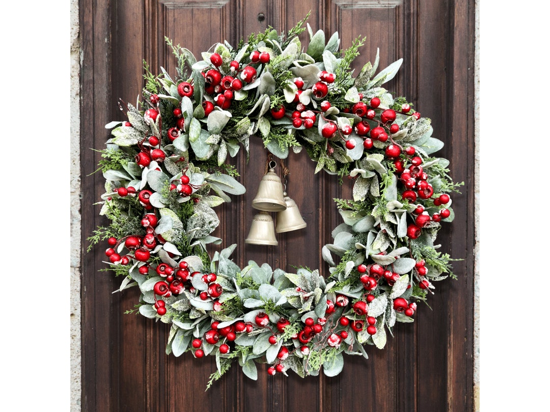 Holiday Lambs Ear Wreath: Red Berries, Cedar & Bells - Winter Door ...