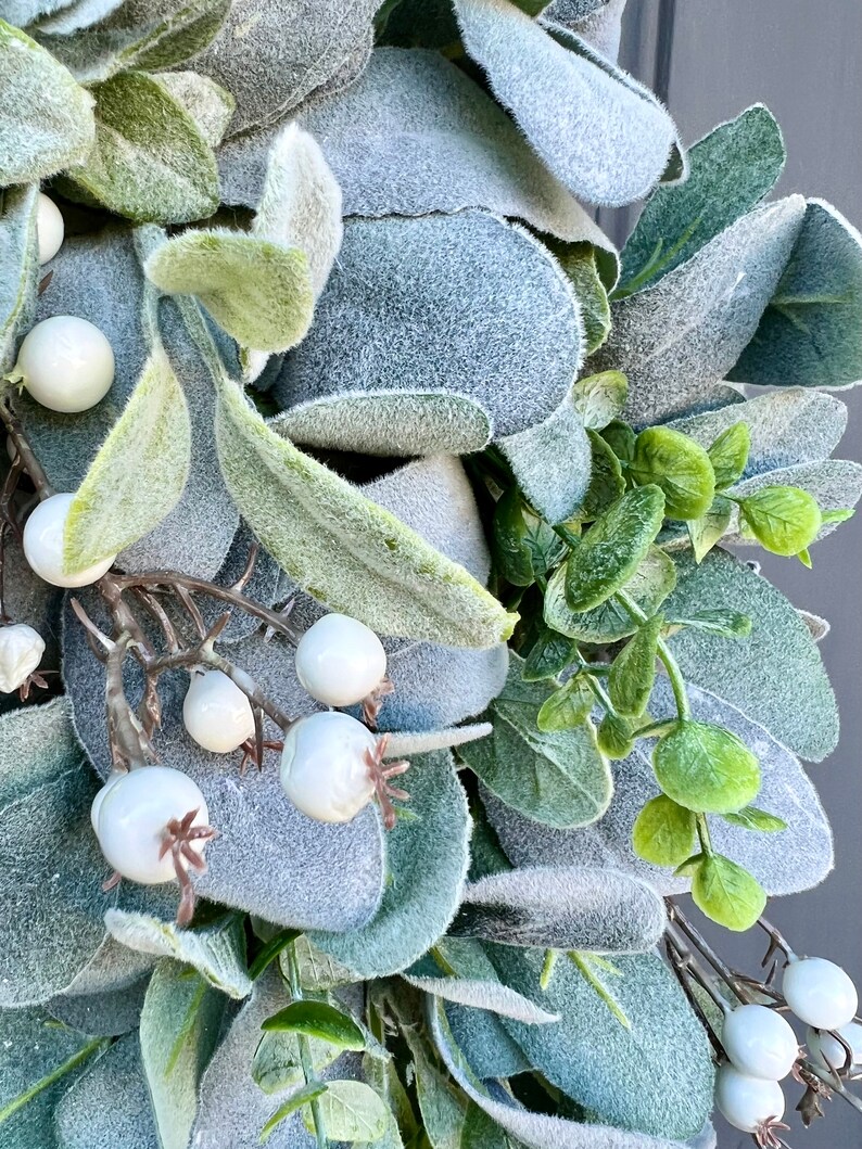 Winter Everyday Farmhouse Lamb's Ear and Eucalyptus Wreath With White ...