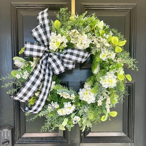 Hydrangea Front Door Wreath: Greenery, Herbs, White Flowers