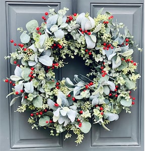 Farmhouse Lamb's Ear Eucalyptus and Red Berry Front Door Wreath, Holiday Greenery Wreath