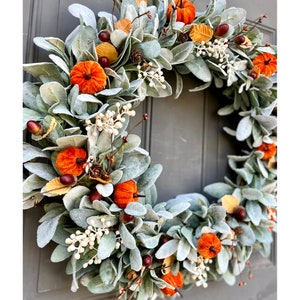 Fall Farmhouse Lambs Ear Pumpkin and Acorn Wreath for Front Door ...