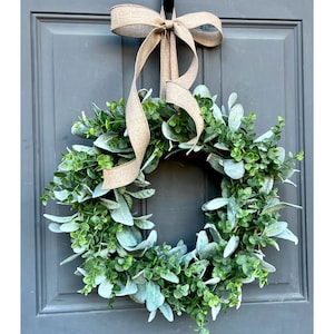Everyday Farmhouse Lambs Ear and Eucalyptus Wreath for Front Door, Cottage Core Neutral Year Round Greenery Wreath