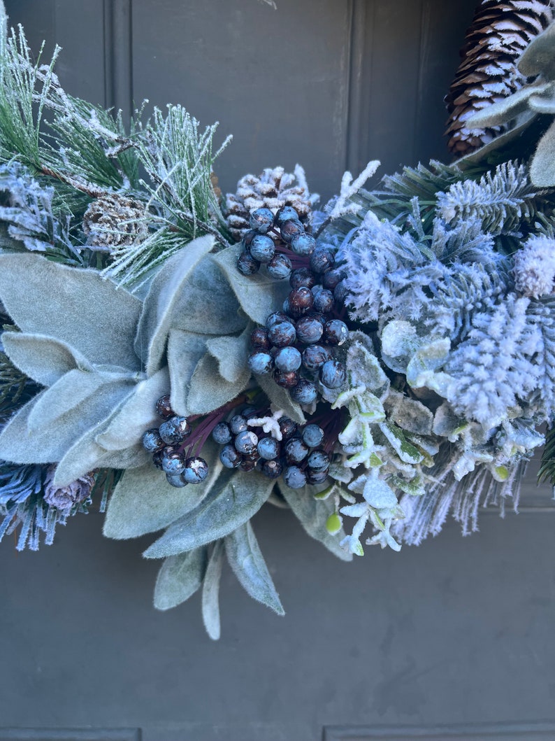 Farmhouse Winter Blue Berries Pine Eucalyptus and Lamb's Ear Front Door Wreath, Blue Berry Winter Outdoor Wreath image 7