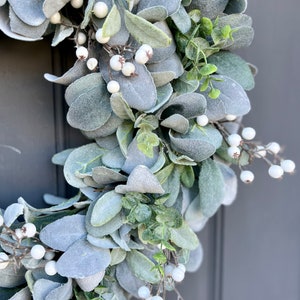 Winter Everyday Farmhouse Lamb's Ear and Eucalyptus Wreath With White ...